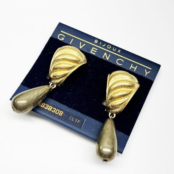 Givenchy Vintage Gold Textured Drop Clip Earrings - Picture 1 of 7